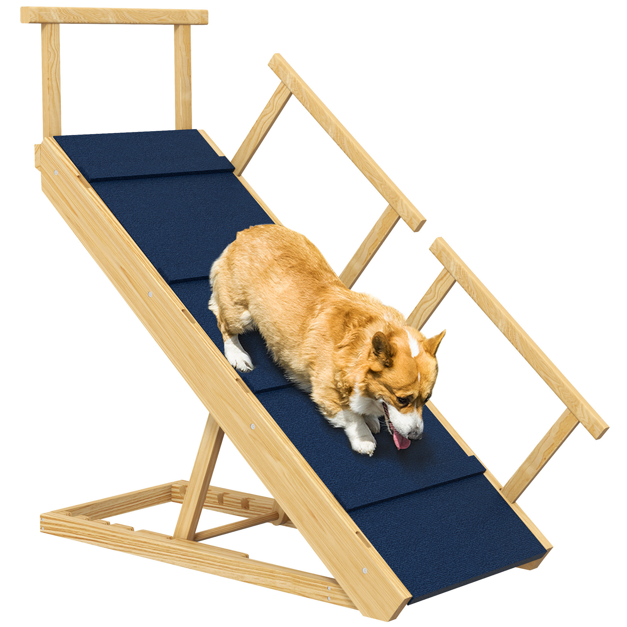 Tucker Murphy Pet Dog Ramp Adjustable 4 Height Pet Ramp Foldable Wooden Dog Stairs With Non Slip Mat For Small To Large Dogs To Get On High Bed Or Sofa Couch Natural Wood